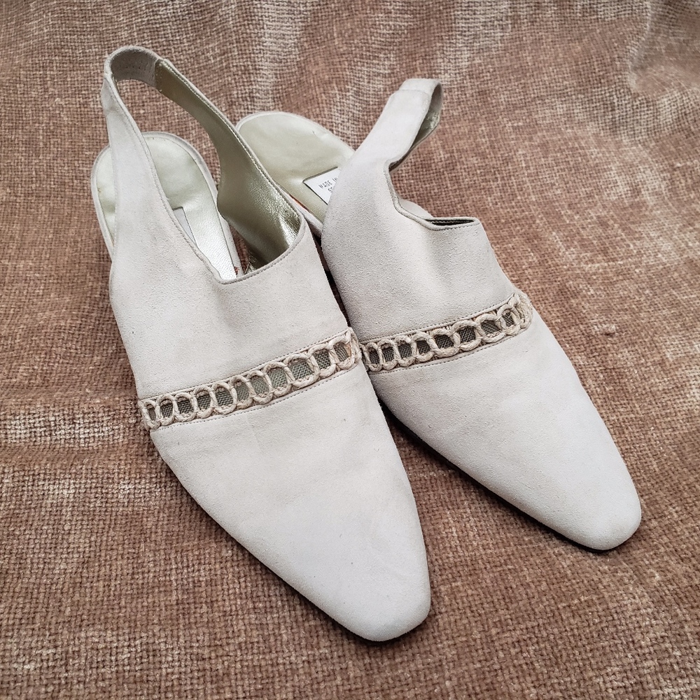 Designer size six beige suede low heel